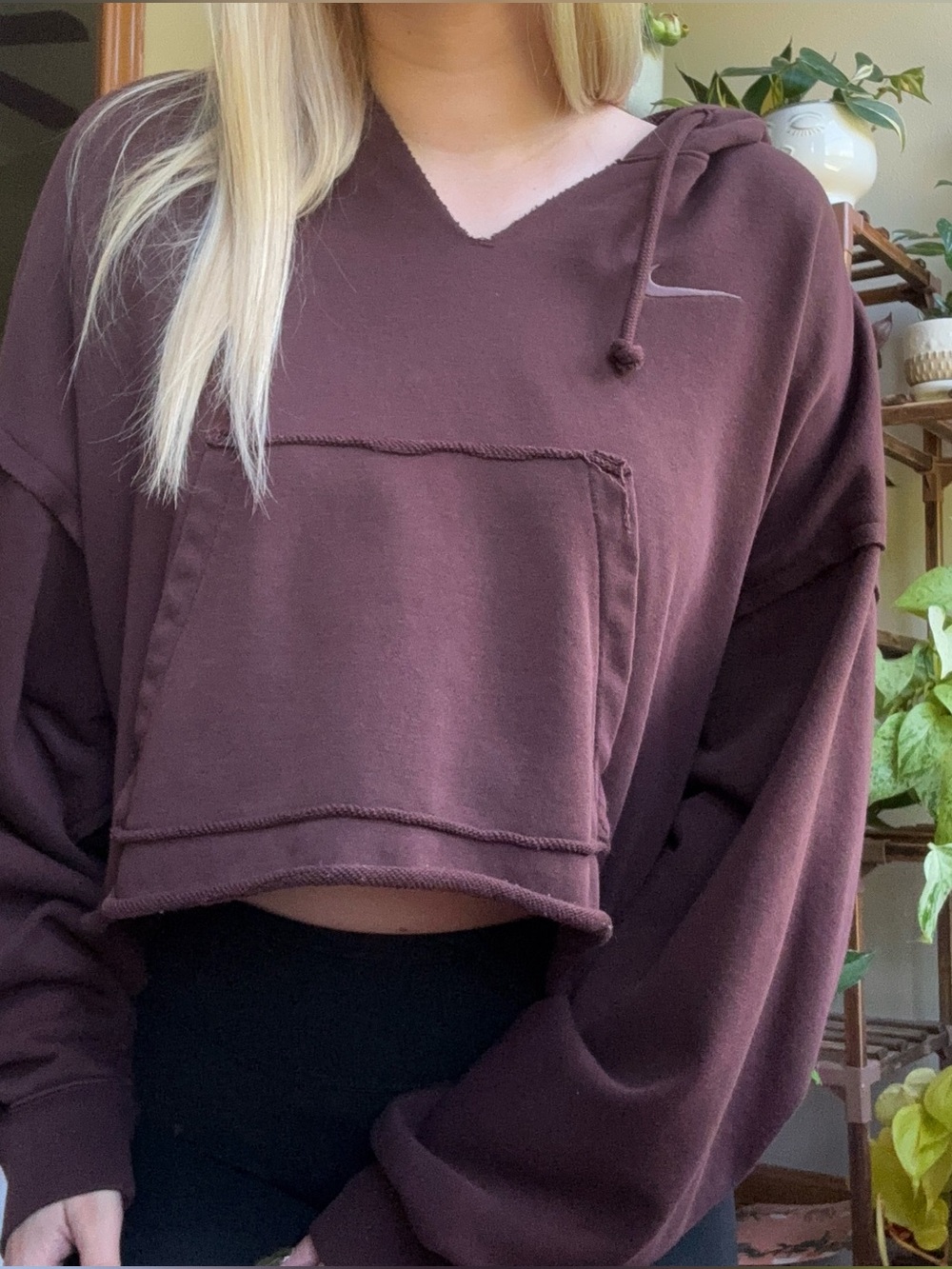 Nike Cropped V-Neck Hoodie in Dark Brown